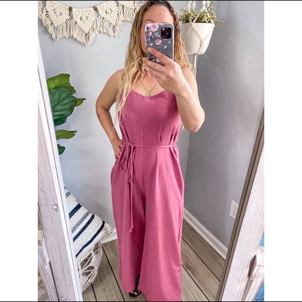 Freesia• Linen Wide Leg Jumpsuit in Berry Pink